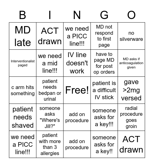 cath lab bingo Card