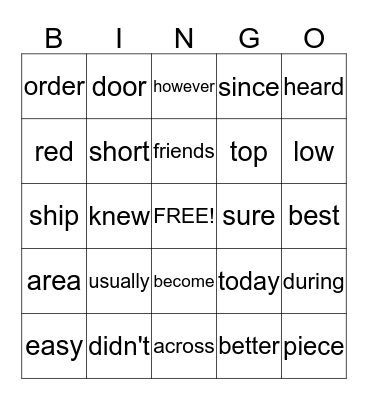Fry Sight Words 321-340 Bingo Card