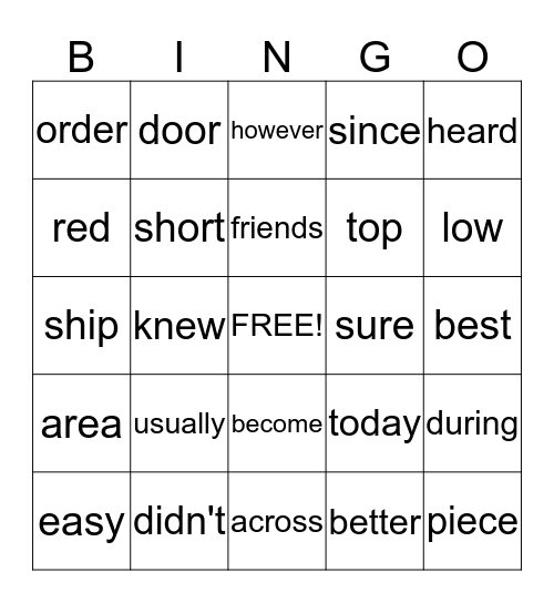 Fry Sight Words 321-340 Bingo Card