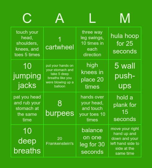 calm down bingo Card