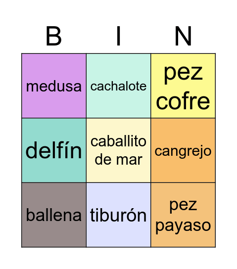 Animales marinos Bingo Card