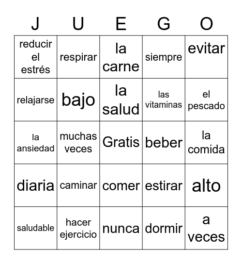 Vocab: El examen final Bingo Card