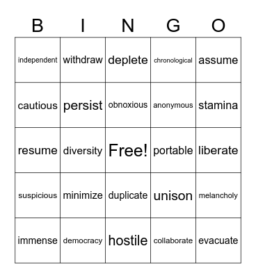 Vocabulary Bingo 4 Bingo Card