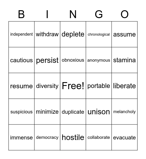 Vocabulary Bingo 4 Bingo Card