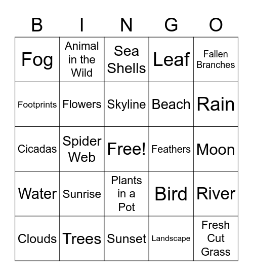 Nature Photo Bingo Card