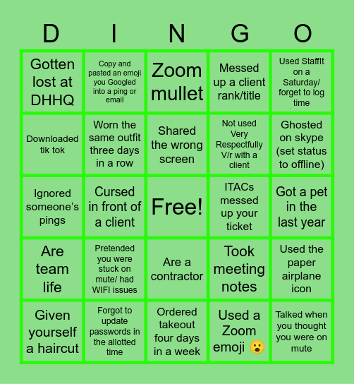 Deloitte Bingo (DINGO) - Quarantine/PM/OCMO Edition Bingo Card