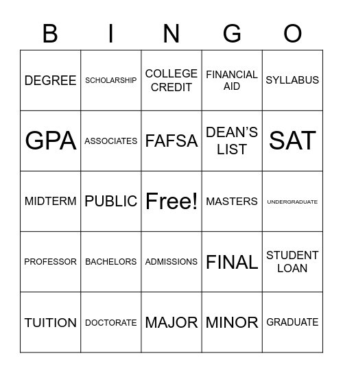 COLLEGE TERMS BINGO Card