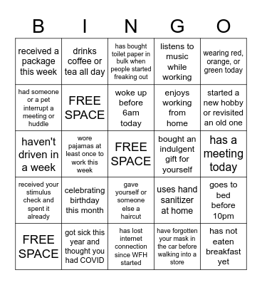 BINGO! WFH/COVID EDITION Bingo Card