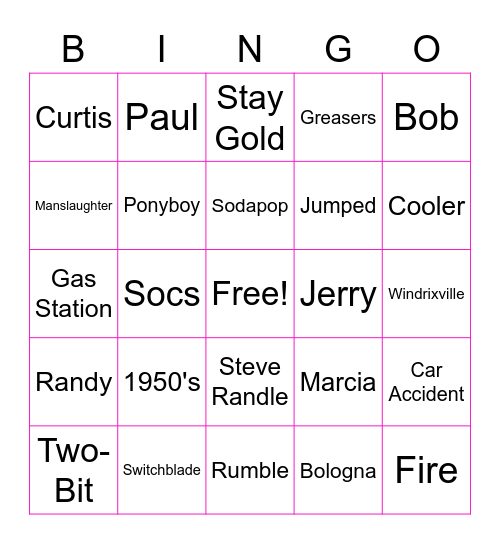 The Outsiders Test Review Bingo Card