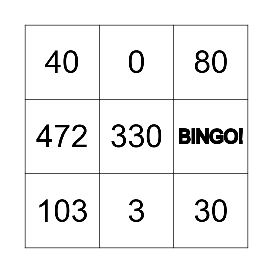 Subtraction Bingo Card