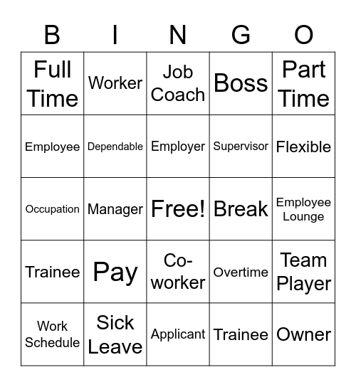 Employment Readiness Week One- Employment Words Bingo Card