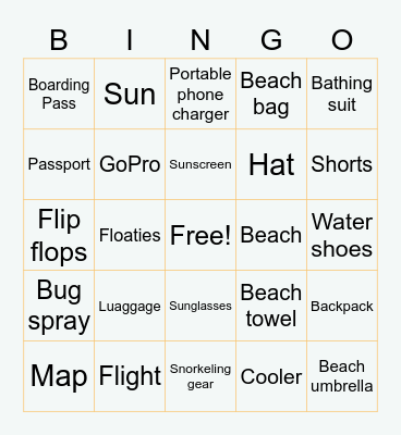 Luau Items Bingo Card