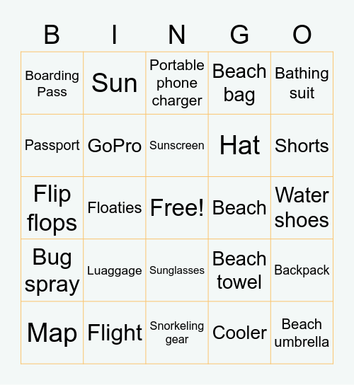 Luau Items Bingo Card