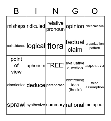 Semester Exam Vocabulary Bingo Card