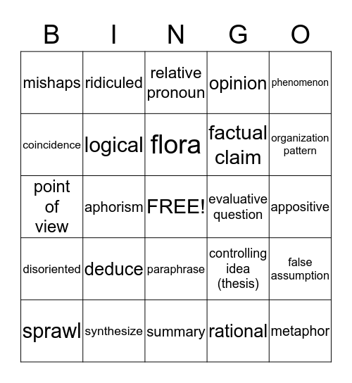 Semester Exam Vocabulary Bingo Card