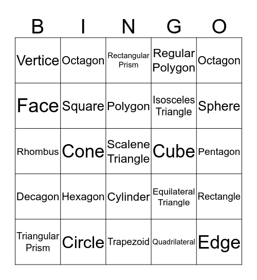 Geometry Bingo Card