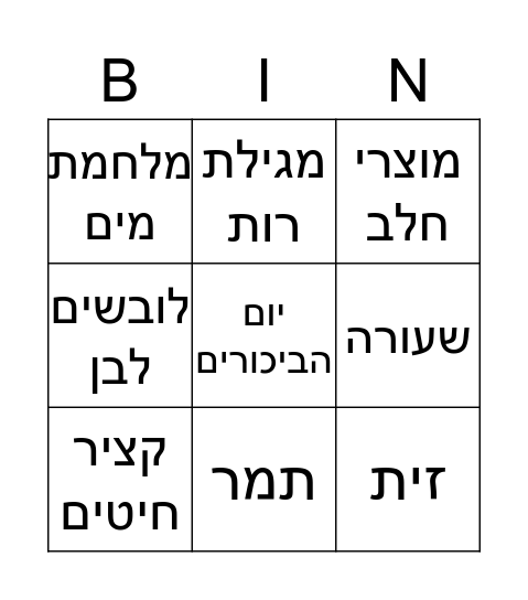 שבועות Bingo Card