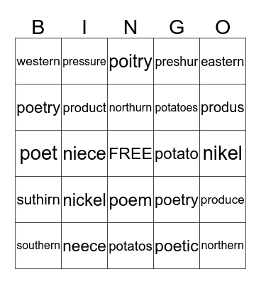 ALLIE'S SPELLING BINGO Card