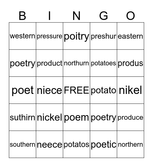 ALLIE'S SPELLING BINGO Card