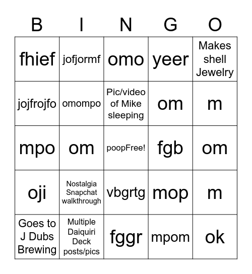 Coverband Vacay BINGO Card