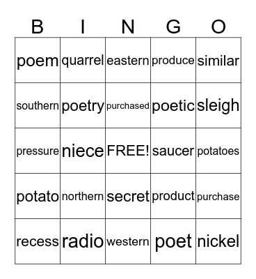 Beau Spelling List Bingo Card