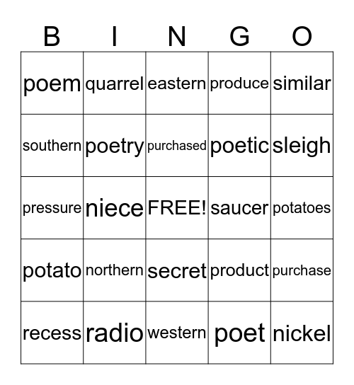 Beau Spelling List Bingo Card