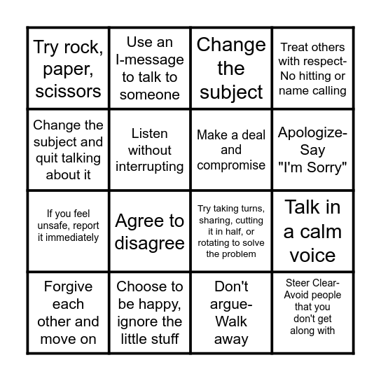 I can handle conflicts peacefully. Bingo Card