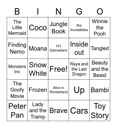 Disney Movies Bingo Card