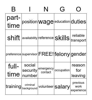 Job Applications Bingo Card