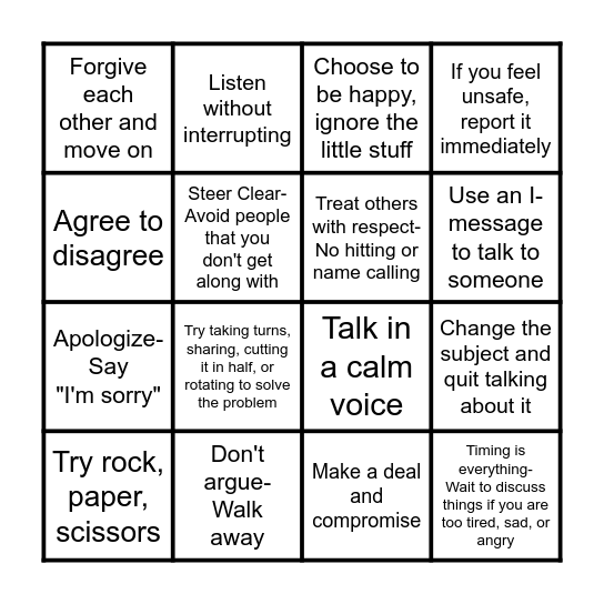 I can handle conflicts peacefully. Bingo Card