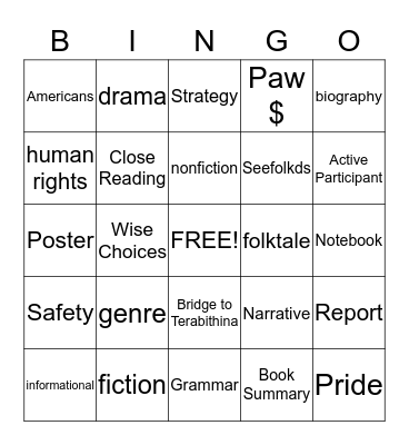 Reading Bingo Card