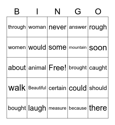 Sight Word Bingo Card
