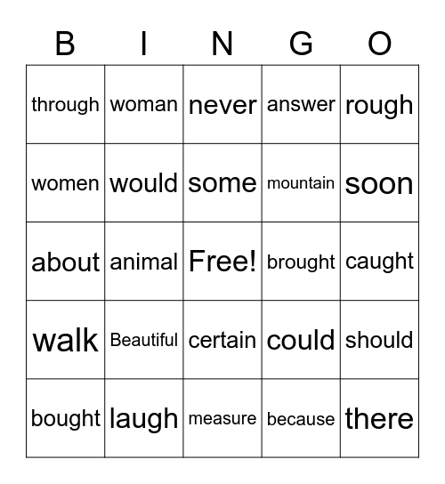 Sight Word Bingo Card