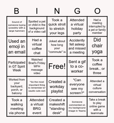 Remote Work Bingo Card