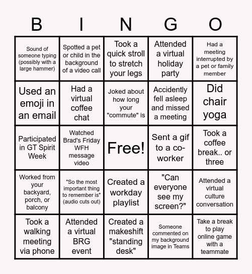 Remote Work Bingo Card