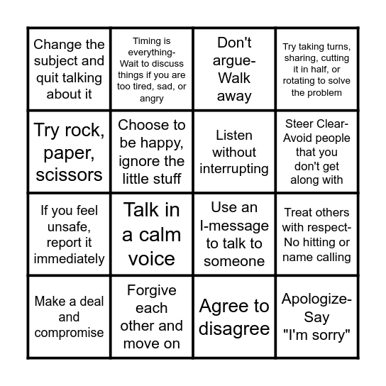 I can handle conflicts peacefully. Bingo Card