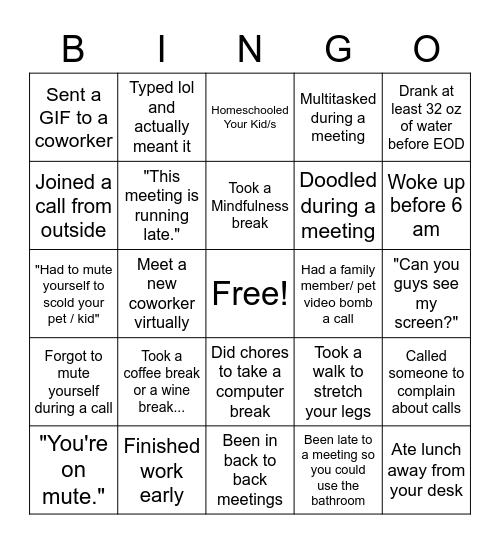 Work-From-Home Bingo Week Bingo Card