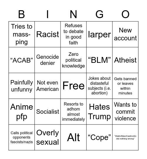 Whitename Bingo Card