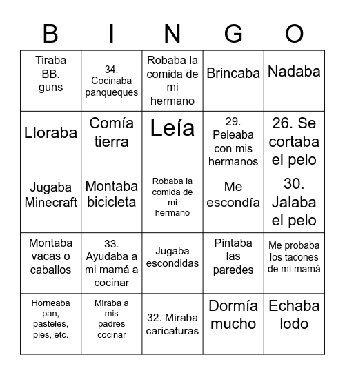 Spanish Bingo Card