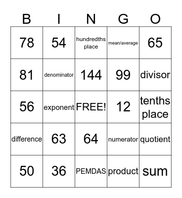 Math Bingo Card