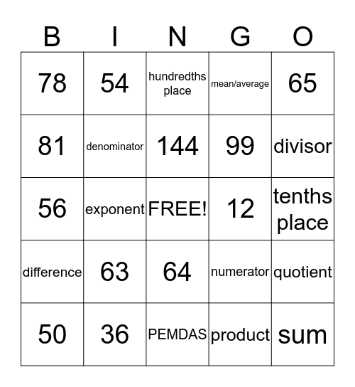 Math Bingo Card