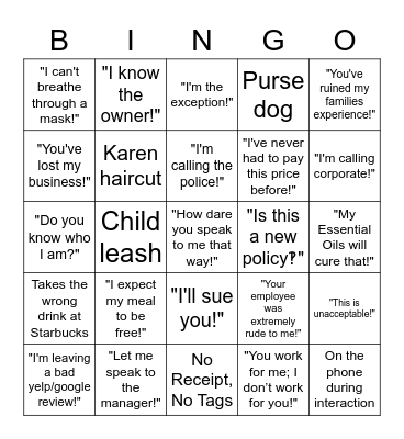 Karen Things Bingo Card