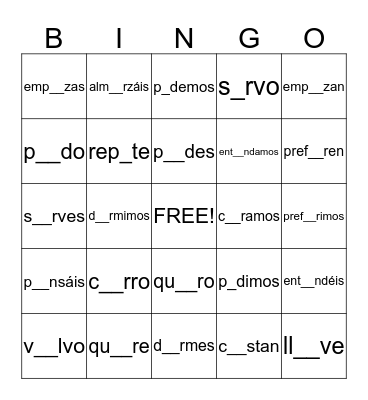 Boot Verbs Bingo Card