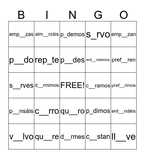Boot Verbs Bingo Card