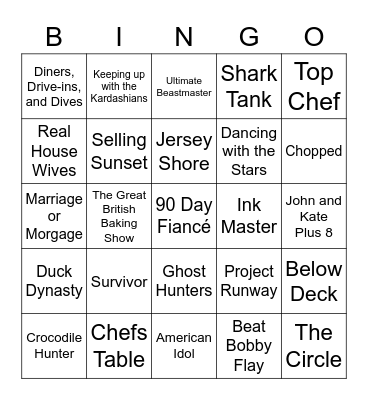 Reality TV Shows Bingo Card