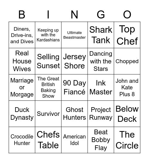 Reality TV Shows Bingo Card