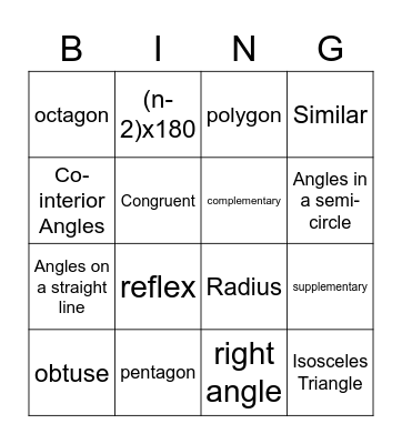 Geometry Vocabulary Bingo Card