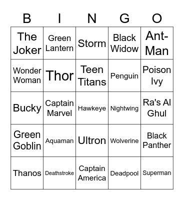 Marvel and DC Bingo Card