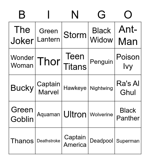 Marvel and DC Bingo Card