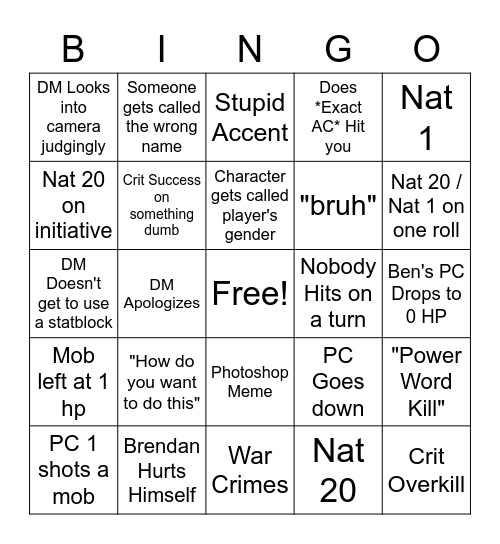 Our stupid dnd bingo card Bingo Card